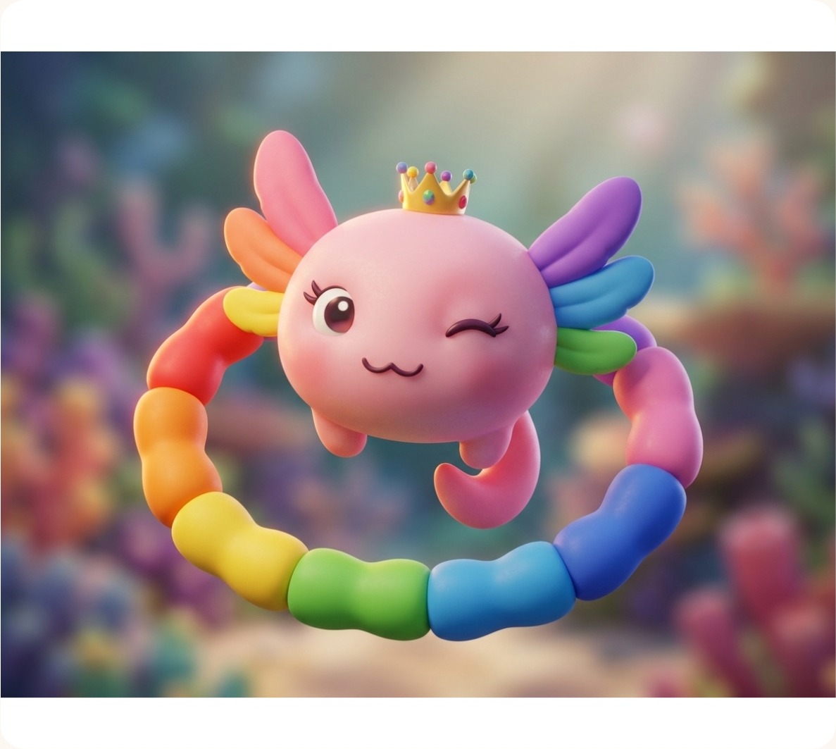 The same axolotl as a glossy 3-D character in a coral reef