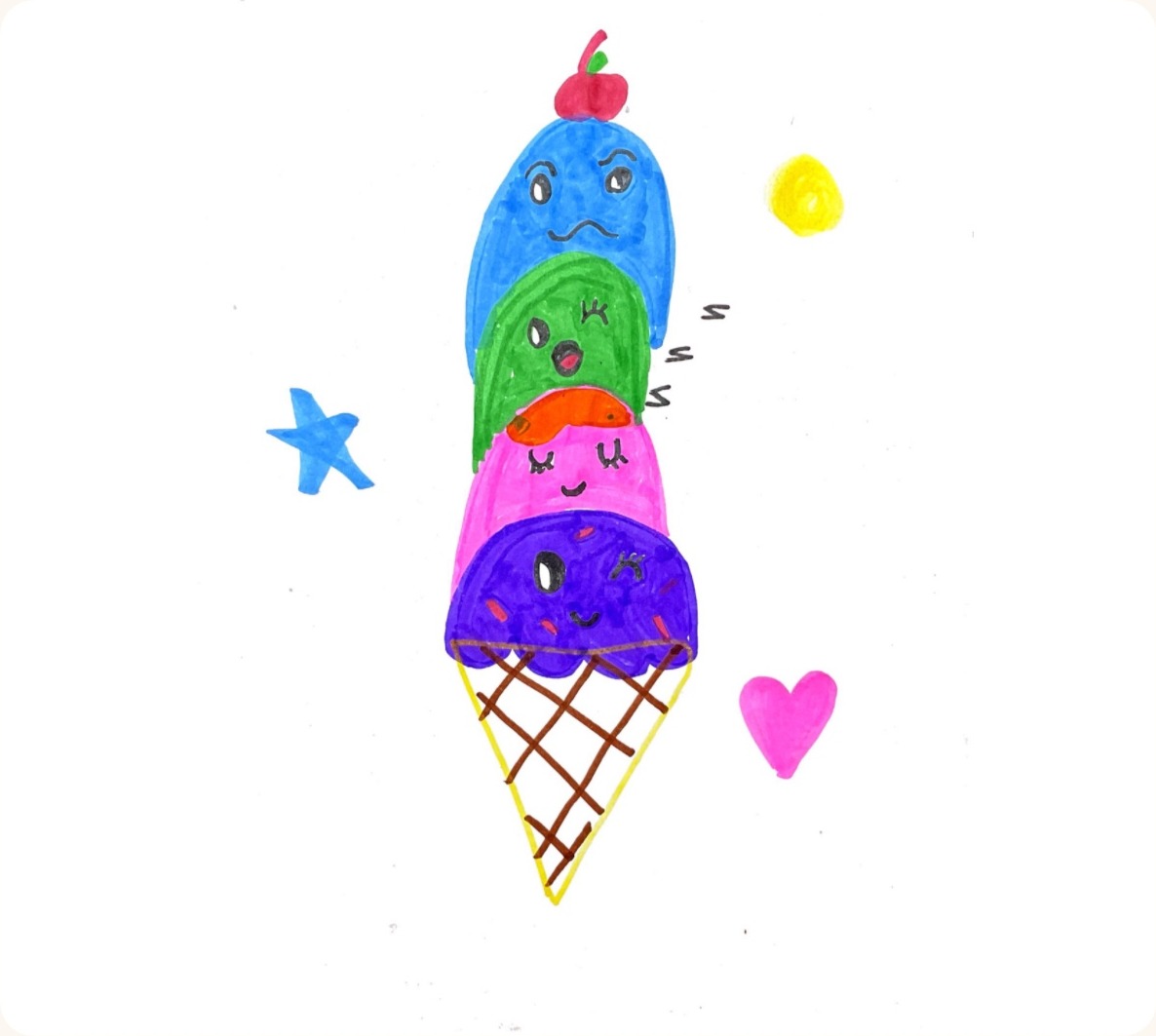 A child's felt-tip drawing of a four-scoop ice cream with a face on every scoop